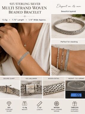 925 Sterling Silver Multi Strand Woven Beaded Bracelet 13.5g 7.75" Vintage Style
